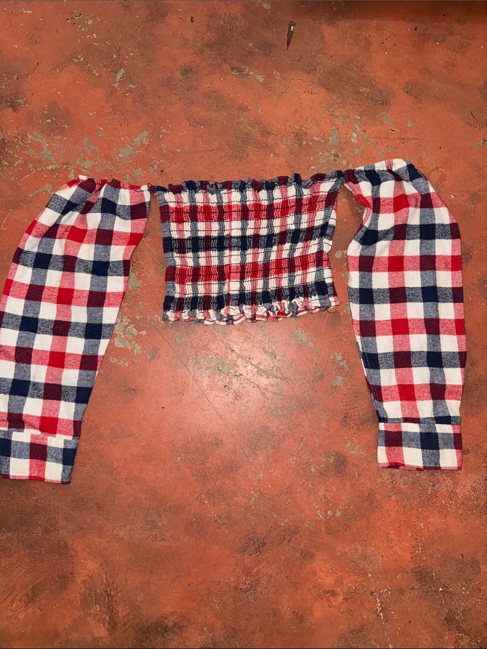Furst of a Kind Red & Navy Plaid Tube Top Shirt with Off the shoulder sleeves